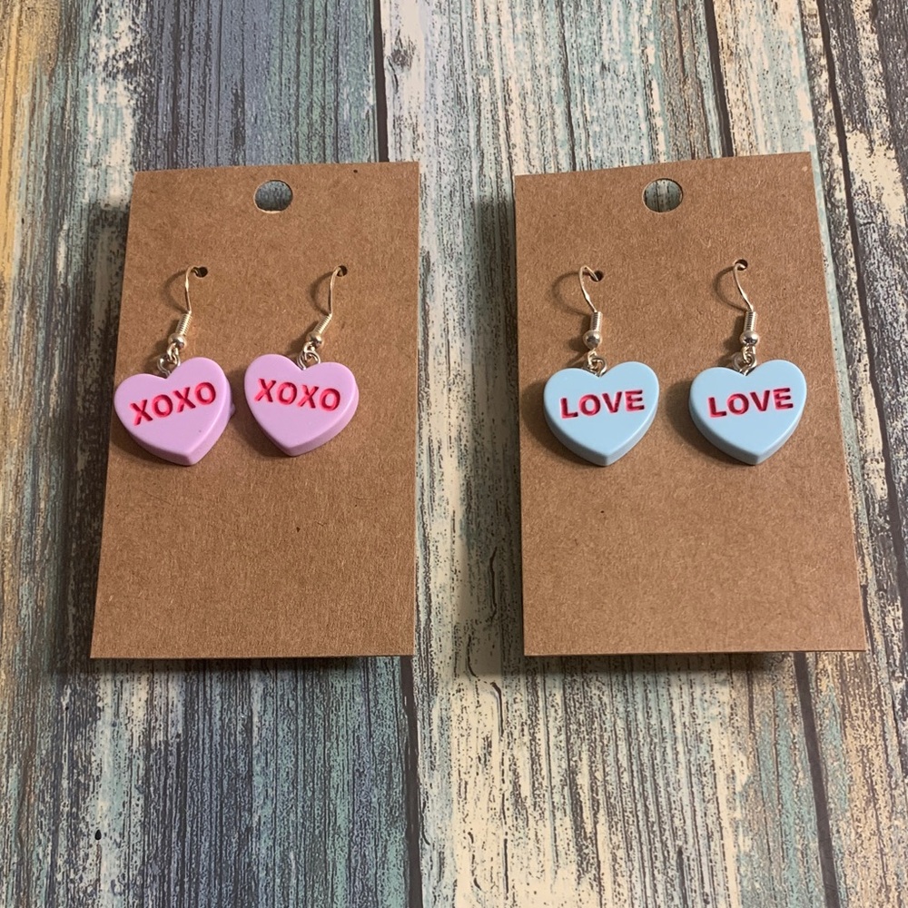Heart-Shaped Pink and Blue Earrings Set in silver tone